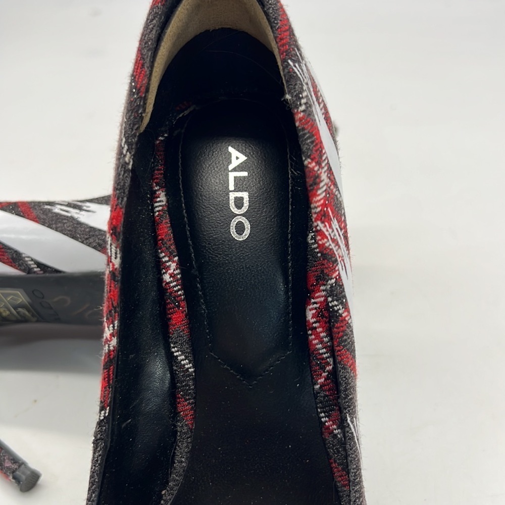 Aldo Red Tartan High Heels with White Racing Stripes size 6 - Picture 9 of 11